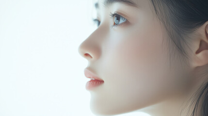Naklejka premium 若くてかわいいアジア人女性モデル。ナチュラルで肌が綺麗な横顔のショット。美容ポートレート。
