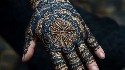 A henna tattoo featuring a mandala design centered on the hand, extending towards the wrist and fingers, each layer filled with fine geometric details and swirling patterns, illuminated by soft,