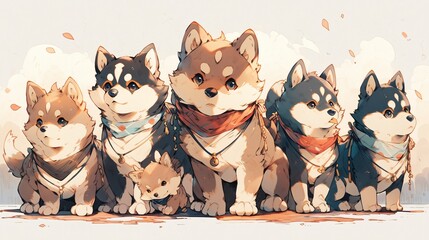 dog anime set, colorful anime style