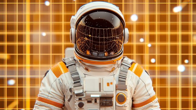 Astronaut in Spacesuit with Grid Background and Starry Visor