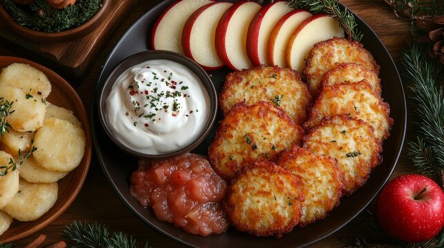 Close-up of a plate of freshly fried latkes, served with applesauce and sour cream on a festive table, photorealistic