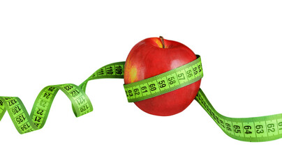 Red apple levitates wrapped in green measuring tape