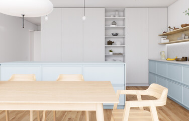 A beautiful modern minimalist kitchen with light wood elements and soft blue accents