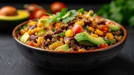 A vibrant bowl of quinoa salad, featuring black beans, corn, avocado, and tomatoes, garnished with fresh cilantro.