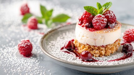 A delicious cheesecake topped with fresh raspberries and mint, garnished with powdered sugar and raspberry sauce on a pale plate.