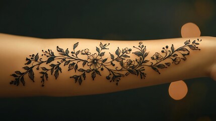 A henna tattoo of delicate floral vines spiraling gracefully around the arm, each vine adorned with small flowers and leaves, fine linework capturing the elegance and natural beauty of the design,