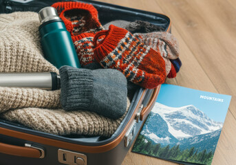 A packed suitcase with cozy sweaters, socks, and a thermos, suggested for a winter trip to the mountains