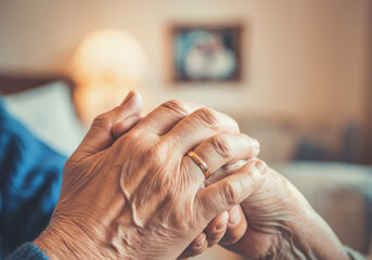 Elderly couple holding hands in a soft-lit room, expressing love and companionship during a quiet moment together