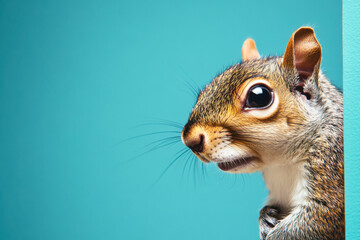 Obraz premium Curious squirrel peeking around a bright blue corner in a playful setting during the day