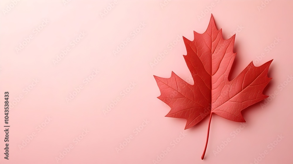 Poster elegant red maple leaf on soft pastel background with ample copy space