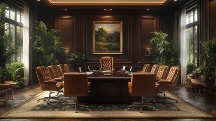 Traditional boardroom with dark wood paneling leather chairs and a formal seating arrangement