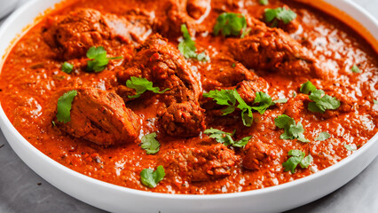 Fototapeta premium Spicy Reddish Chicken Curry or red Murgh Masala or korma. Indian non-vegetarian food. selective focus.