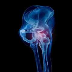 Humen knee bone with injury on a dark blue background, Healthcare and medicine concept.