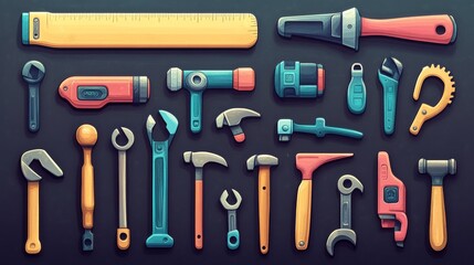 Bright and engaging 3D vector cartoon icons for tools: planer, saw, pliers, screwdriver, vise, drill, hammer, adjustable wrench, clear and colorful