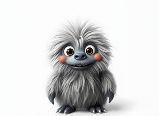Cheerful fluffy gray monster on a light gray background. Joyful and soft little monster. Charming yeti. Halloween character.