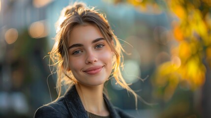 Obraz premium Confident woman in professional wear, smiling warmly, looking to the side, standing outdoors with space for text
