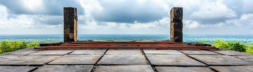 Fototapeta premium Concrete slab with exposed rebar, city ruins, gloomy sky, urban decay, dark tone, muted colors, high contrast, texture focus