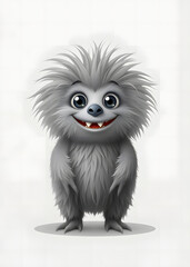 Fototapeta premium Cheerful fluffy gray monster on a light gray background. Joyful and soft little monster. Charming yeti. Halloween character.
