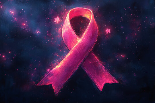 A hand-drawn pink ribbon glowing against a dark background with stars, symbolizing the constant fight for awareness and support. - Powered by Adobe