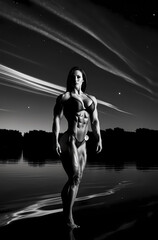 Fototapeta premium Dramatic Black And White Nighttime Portrait Of Female Bodybuilder With Streaked Clouds And Milky Way Reflection