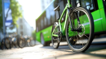 Naklejka premium Electric buses and bikes in a city, with ample space for text, promoting low-emission public transportation solutions