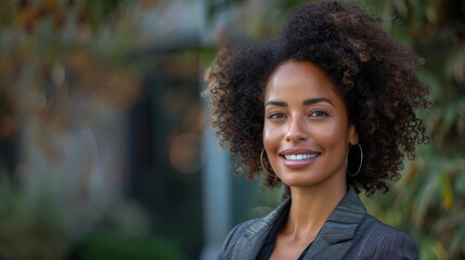 Fototapeta premium Confident woman in professional wear, smiling warmly, looking to the side, standing outdoors with space for text