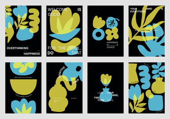 Colorful abstract designs with yellow and blue vector shapes. Positive quotes vector posters. Vibrant art with blue and yellow colors and motivational text. Set of yellow and blue vector posters.