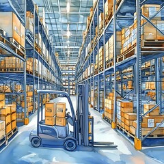 Naklejka premium Forklift in a warehouse with stacked boxes.