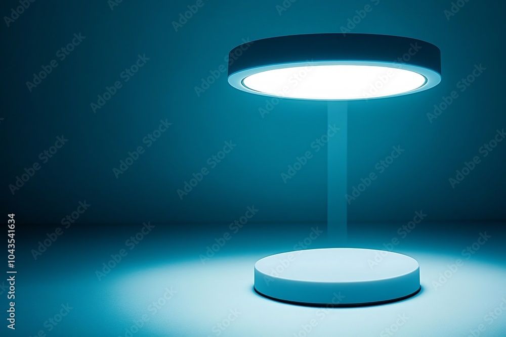 Poster minimalist blue light studio with round platform for product display