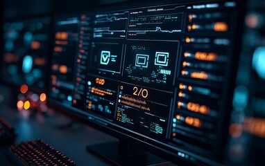 Obraz premium Close-up of a computer monitor displaying complex data analytics dashboard.
