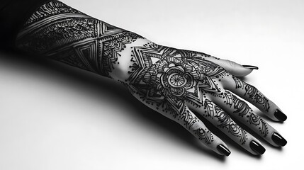 An intricate mandala henna tattoo centered on the back of the hand, extending towards the wrist and fingers, with detailed geometric patterns and fine linework symbolizing unity and eternity,