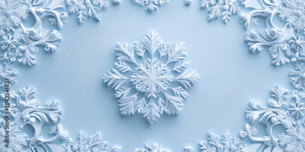 Poster elegant 3d snowflake pattern, intricately designed and set against a soft blue background, creating 