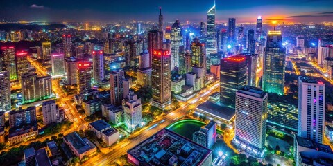 Obraz premium Captivating Drone Photography of a Vibrant Cityscape Open All Night, Highlighting Neon Lights and Busy Streets for