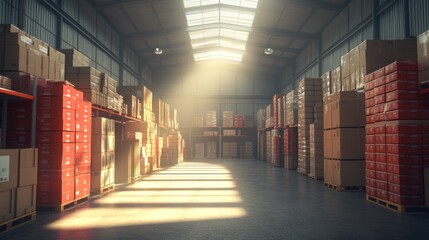 Fototapeta premium A warehouse with shelves full of boxes, a beam of sunlight shining through a skylight.