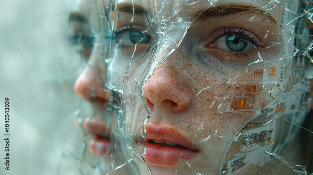 Poster a broken mirror with a ghostly apparition of a person with half of their face being robotic represen