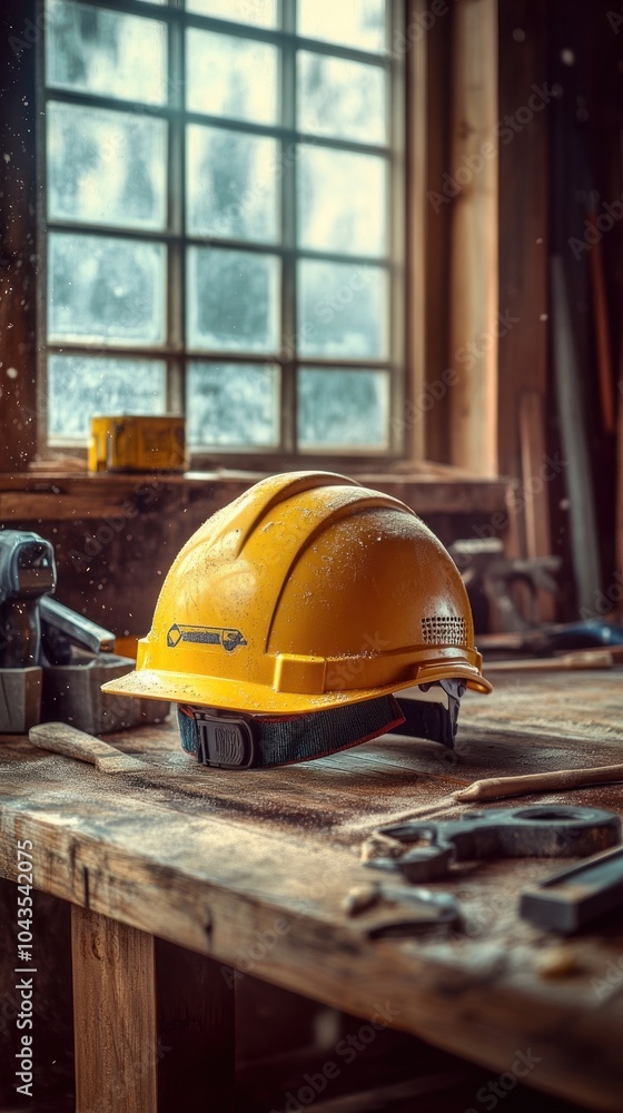 Poster a yellow hard hat sits on a wooden workbench in a workshop with tools and a window in the background