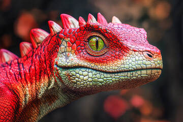 Vibrant red dinosaur with detailed texture closeup