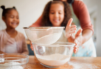 Happy, baking and kids with parent in kitchen with flour, cooking and youth learning in home. Girl, cookie and breakfast with care, support and fun with culinary development and love together