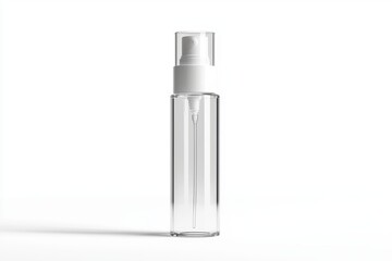 A clear bottle with a white cap sits on a white background