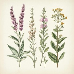 Vintage botanical herb and flower collection, in soft watercolor tones,