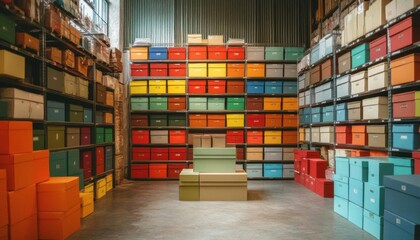 Warehouse with stacks of colorful boxes, neat and efficient, wellorganized stock,