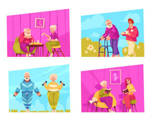 Elderly care hand drawn mini compositions set