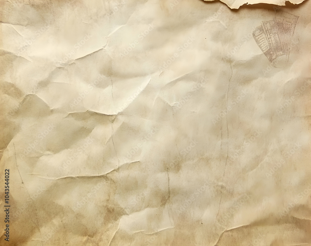 Poster crumpled, aged, and textured paper background with a faint drawing of a building in the upper right 