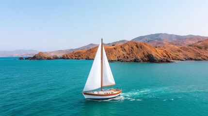 Fototapeta premium Sailboat sailing in turquoise water with rocky coastline