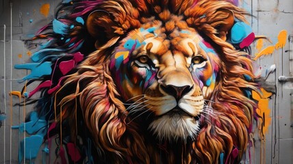 A vibrant and colorful mural of a lion's face with splashes of paint in the background.