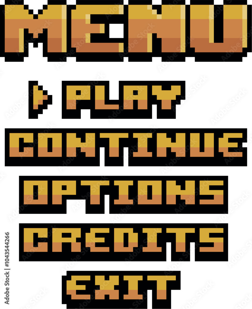 Aufkleber retro-style game menu displaying options for play, continue, options, credits, and exit in pixel art