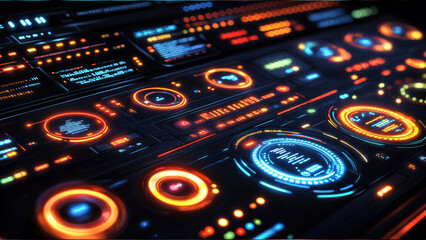 Futuristic digital control panel with neon orange and blue glowing elements. For sci-fi projects, tech banners, interface design, gaming UI, and virtual dashboard displays for technology presentations
