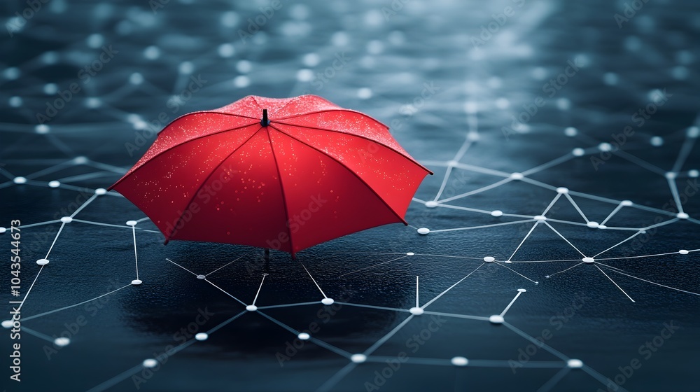 Poster red umbrella over digital network symbolizing cybersecurity and data protection in modern business
