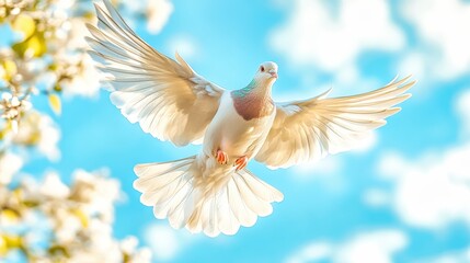 Obraz premium White dove flying with wide spread wings