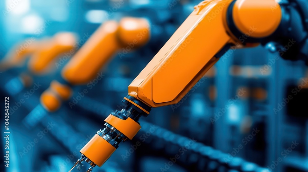 Poster robotic arms working in an ai-powered manufacturing system, with ample space for text, showcasing sm